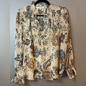 Shimmer Vine Ruffle Tie Neck Blouse